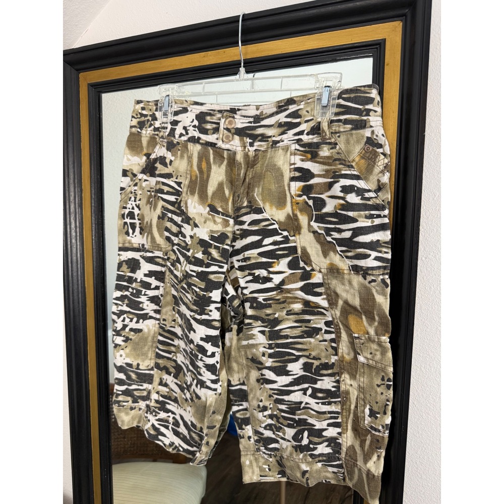 Mifaesia Women Linen Cargo Shorts Abstract Zebra Print Green Tan Size Large
